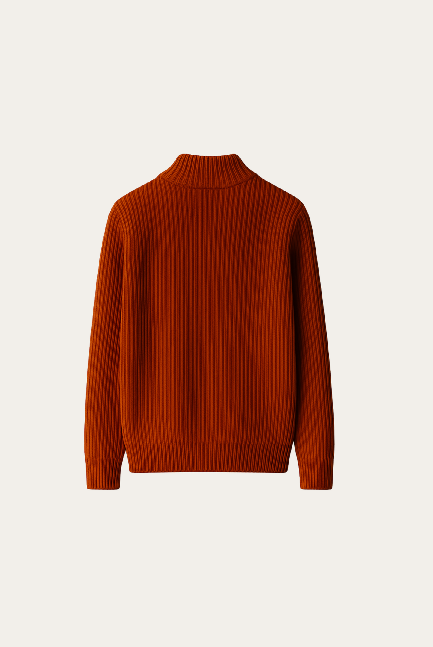 Close-up of a person wearing a brown ribbed sweater with a zipper.