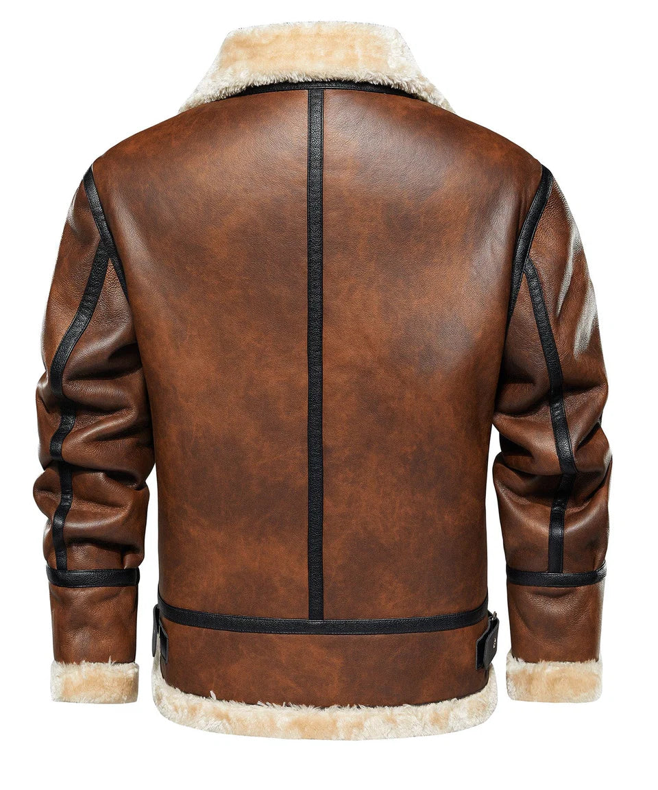 Brown leather jacket with fur lining on a white background