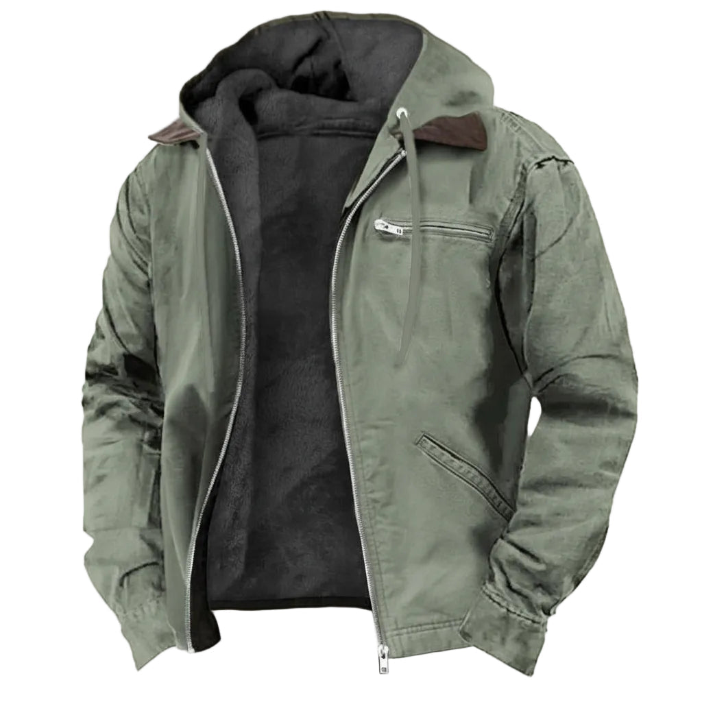 Green jacket with a hood on a white background