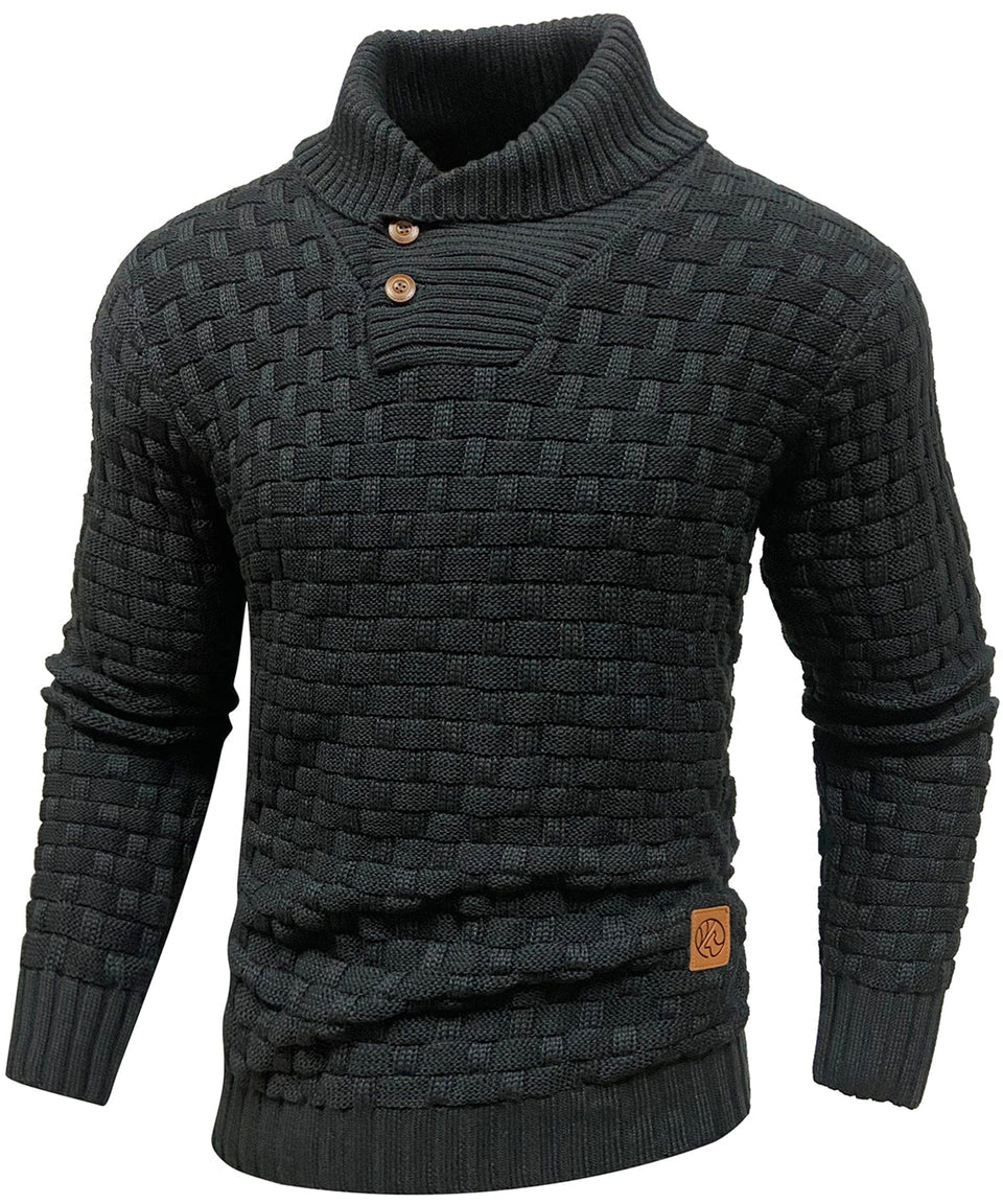 Dark gray textured sweater with a buttoned collar on a white background