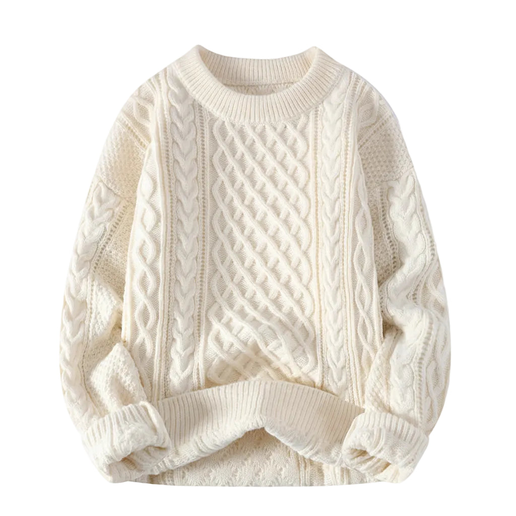 Cream-colored cable knit sweater on a white background