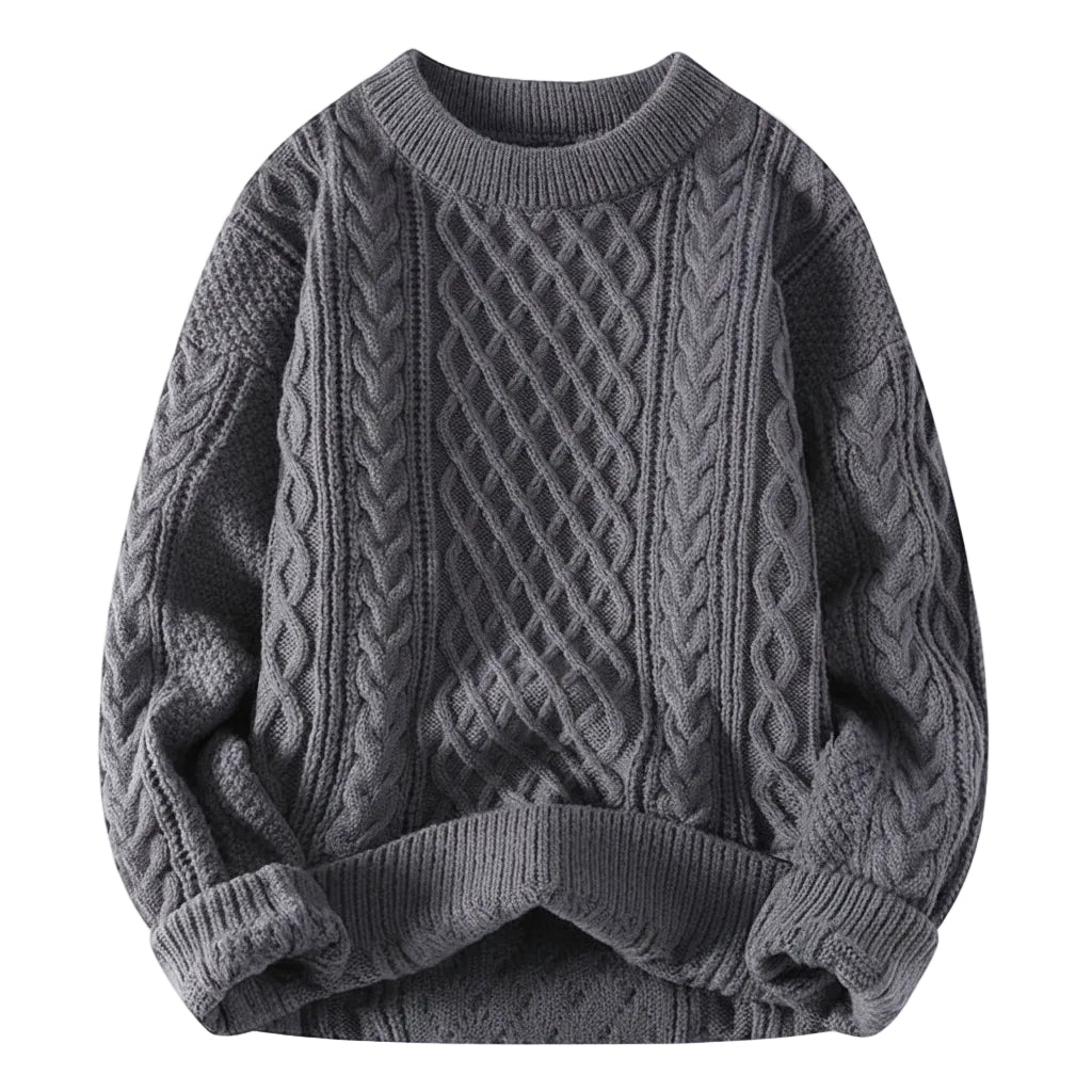 Gray cable knit sweater on a white background