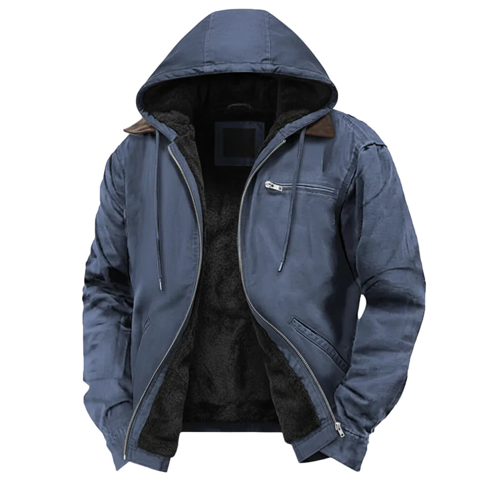 Blue hooded jacket with black interior on a white background