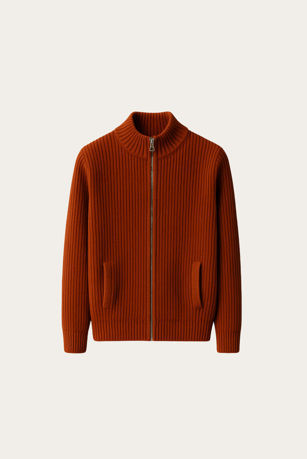 Brown ribbed knit sweater with a zipper on a beige background