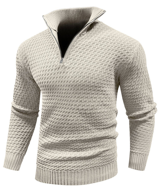 Beige knitted sweater with a high collar on a white background