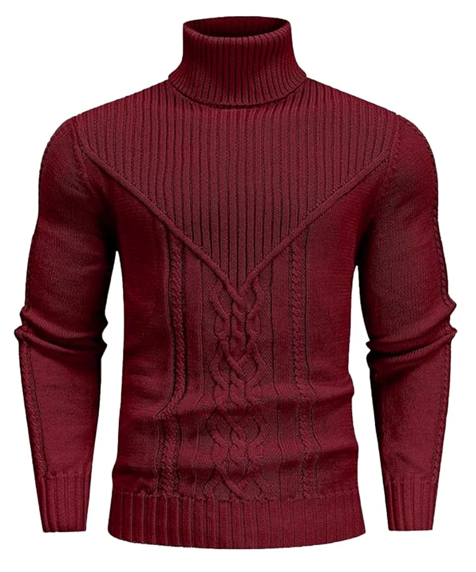 Maroon turtleneck sweater with cable knit pattern on a white background