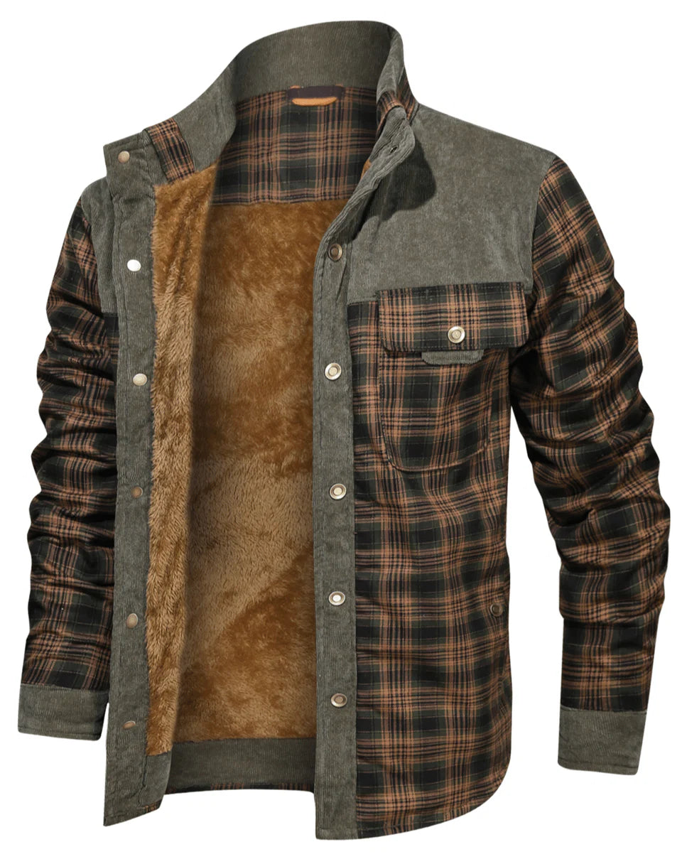 Plaid shirt with brown interior and gray collar on a white background