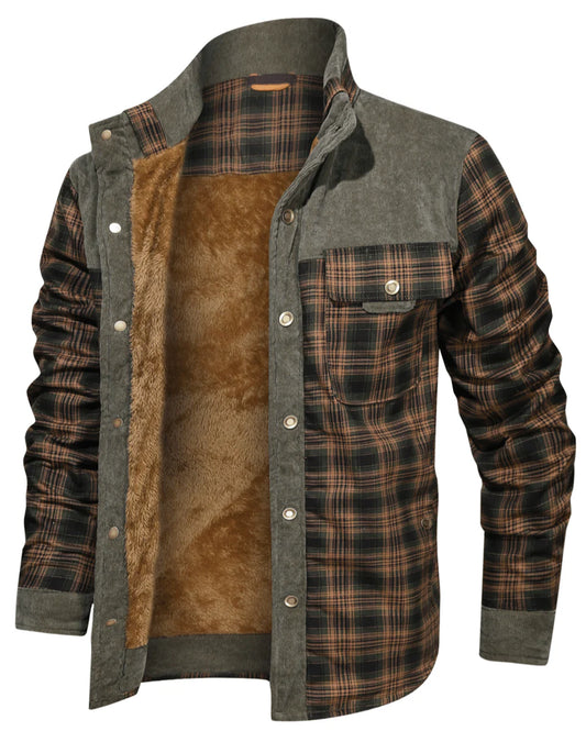 Plaid shirt with brown interior and gray collar on a white background