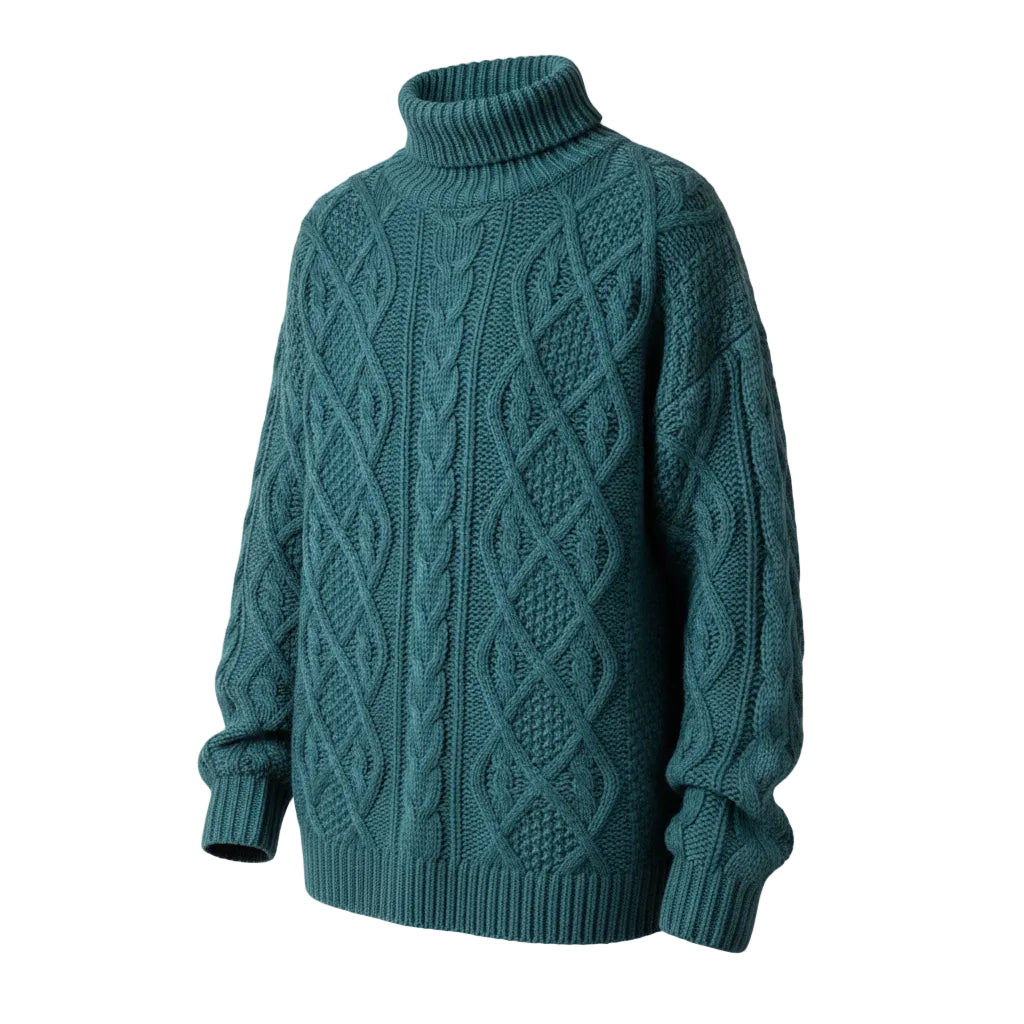 Teal cable knit sweater on a white background