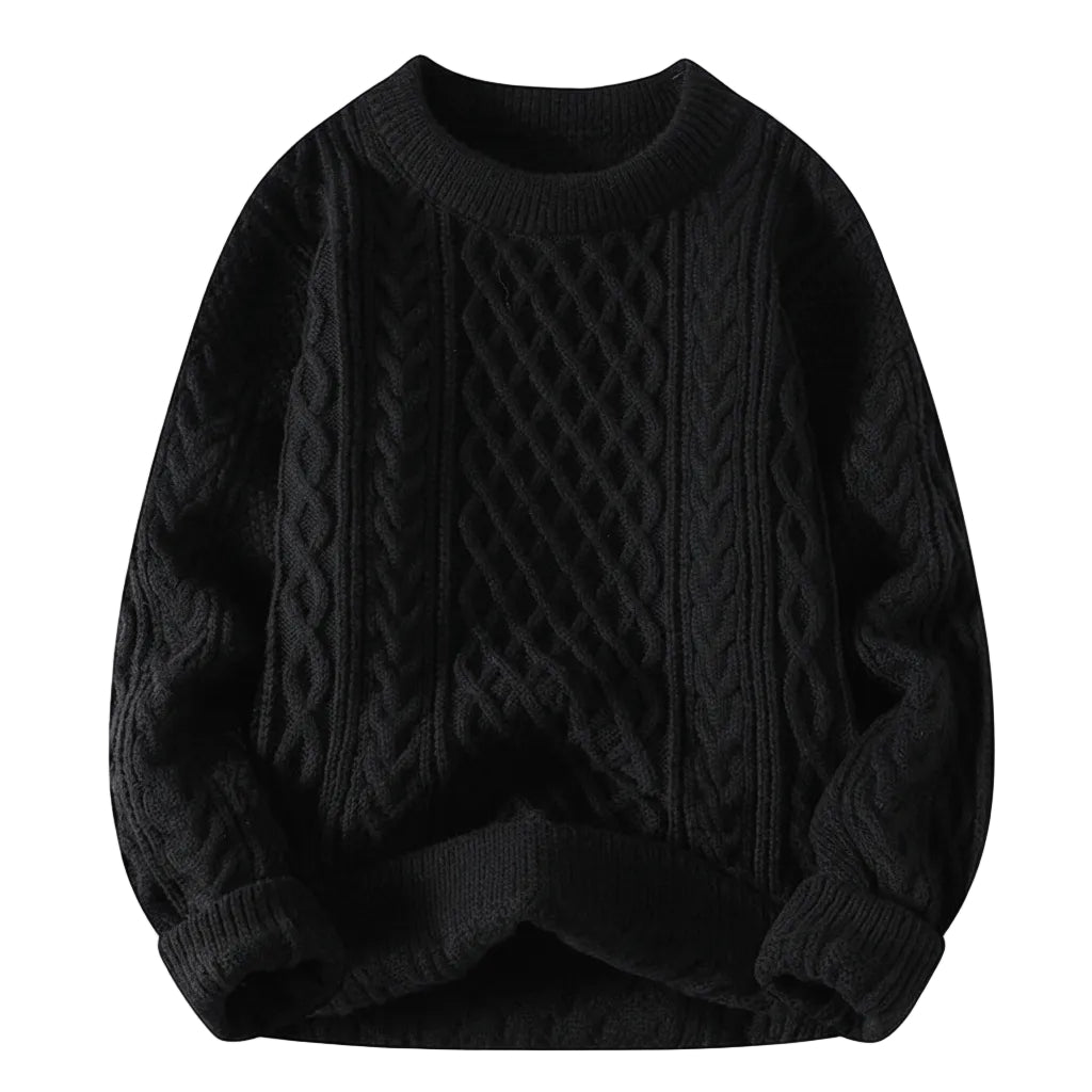Black cable knit sweater on a white background