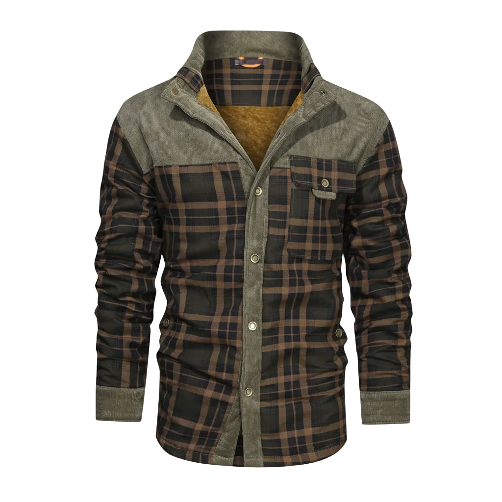 Plaid shirt with a green collar and brown plaid pattern on a white background