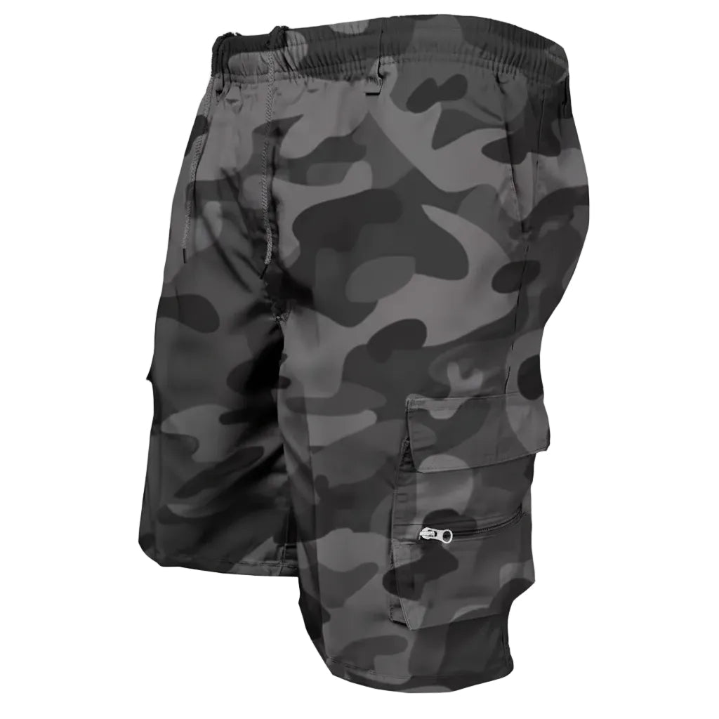 Black camouflage shorts on a white background