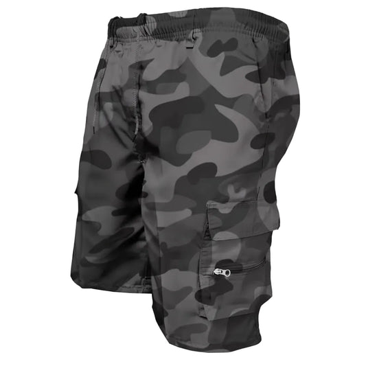 Black camouflage shorts on a white background