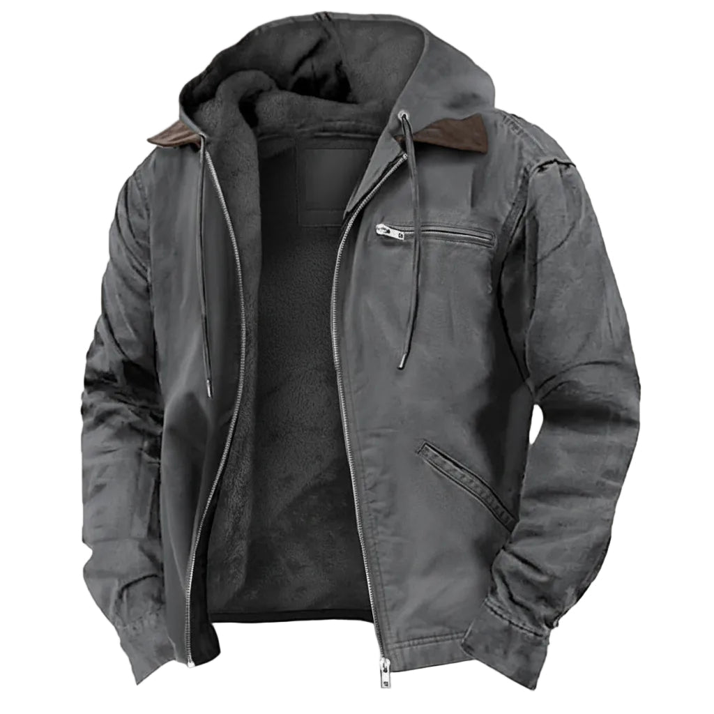 Gray hooded jacket with zippers on a white background