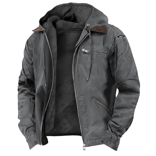 Gray hooded jacket with zippers on a white background