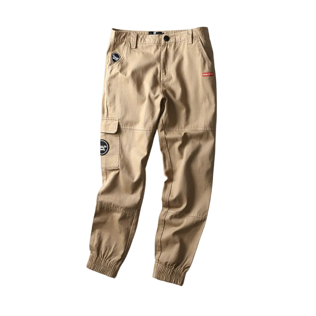 Beige cargo pants with brand logos on a white background