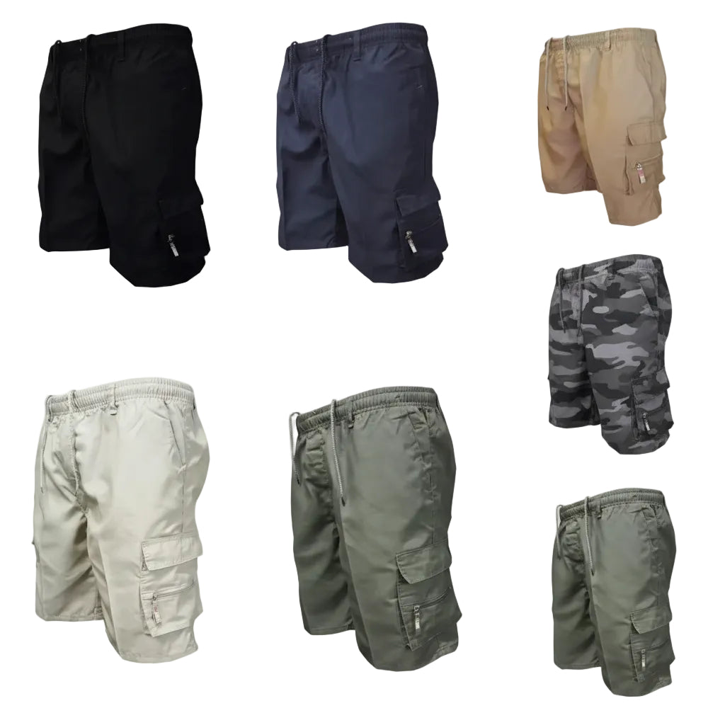 Collection of various shorts including black, navy, beige, camouflage, and cargo styles on a white background.