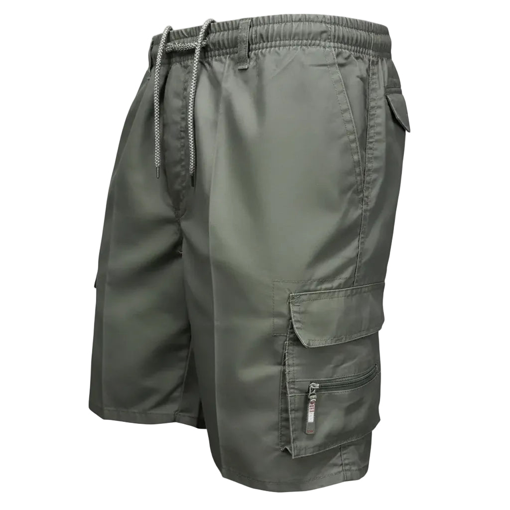 Green cargo shorts with multiple pockets and a drawstring on a white background