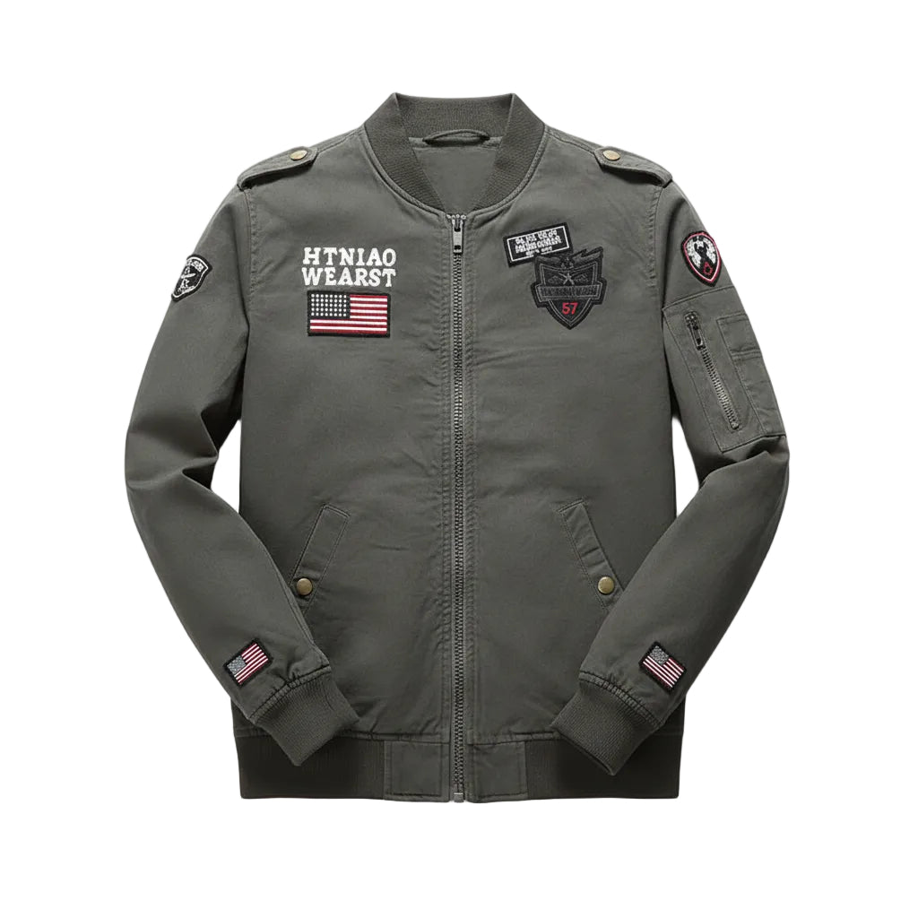 Gray jacket with patches on a white background