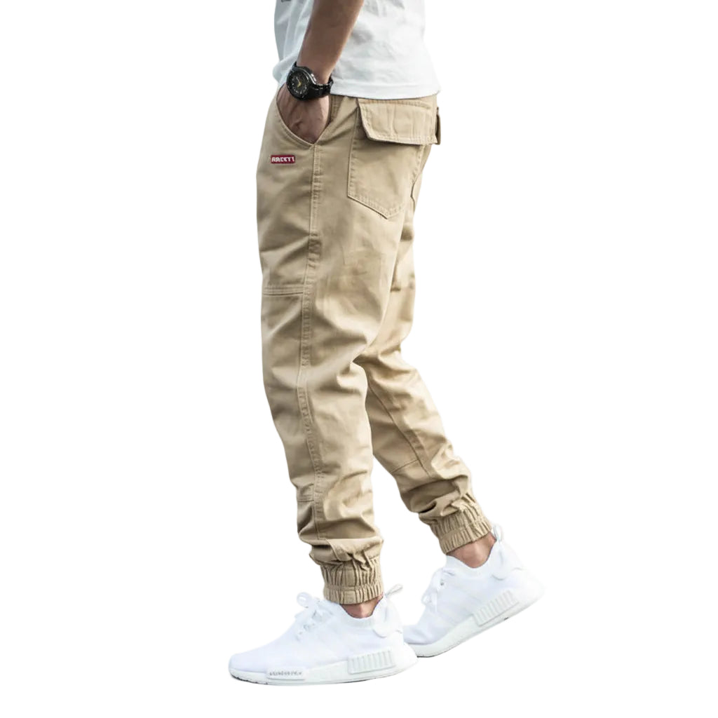 Men's slim fit harem trousers with feet black front view