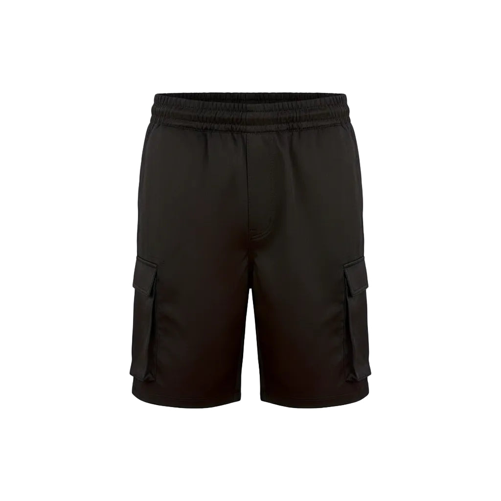 Black cargo shorts on a white background