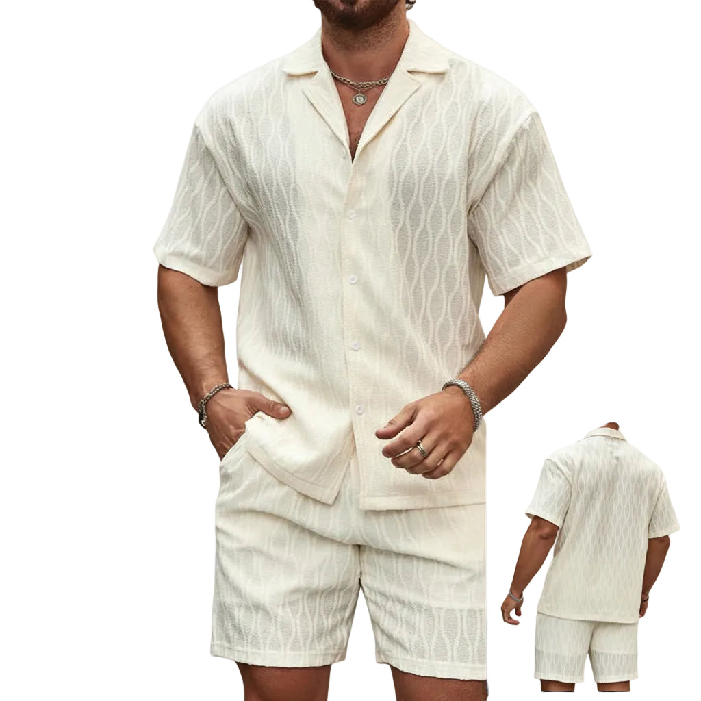 Man wearing a white linen shirt and shorts set on a white background