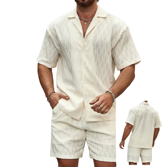 Man wearing a white linen shirt and shorts set on a white background
