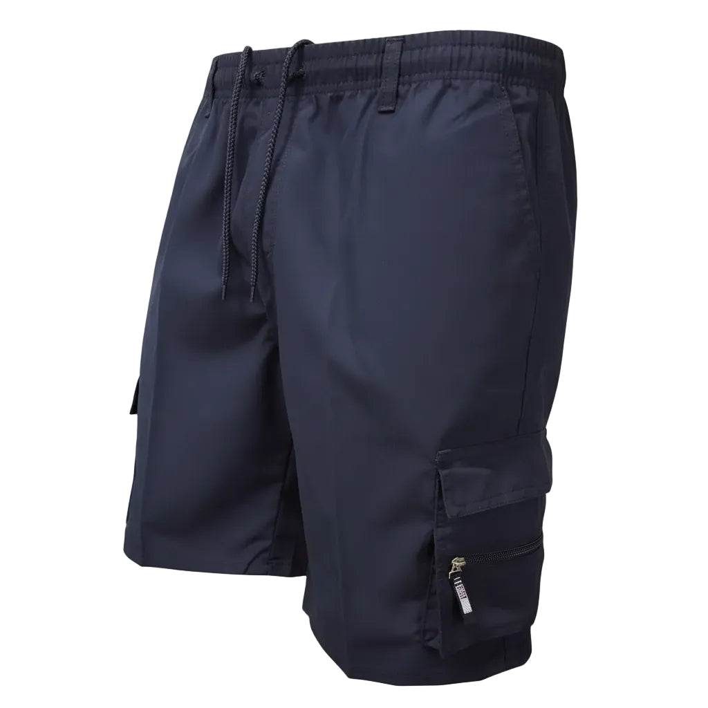 Navy blue shorts with a drawstring on a white background