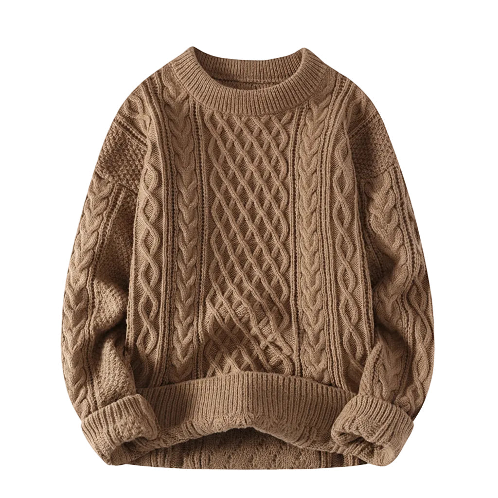 Brown cable knit sweater on a white background
