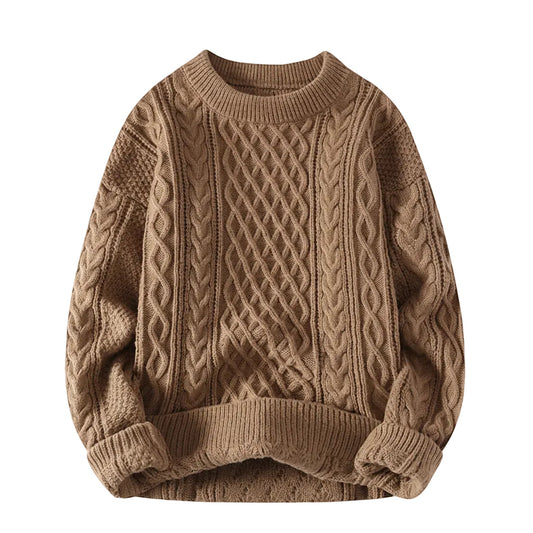 Brown cable knit sweater on a white background
