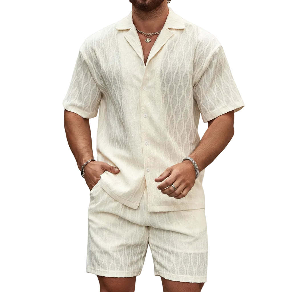 Man wearing a cream-colored linen shirt and shorts set on a white background